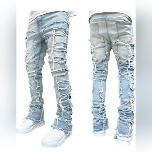 Giraropa Mens Black Stacked Jeans Slim Fit Ripped Jeans Destroyed Straight Denim